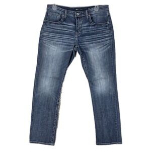 BKE Buckle Nolan Blue Jeans Men 36x32(31) Wide Straight Stretch Whiskered Sanded